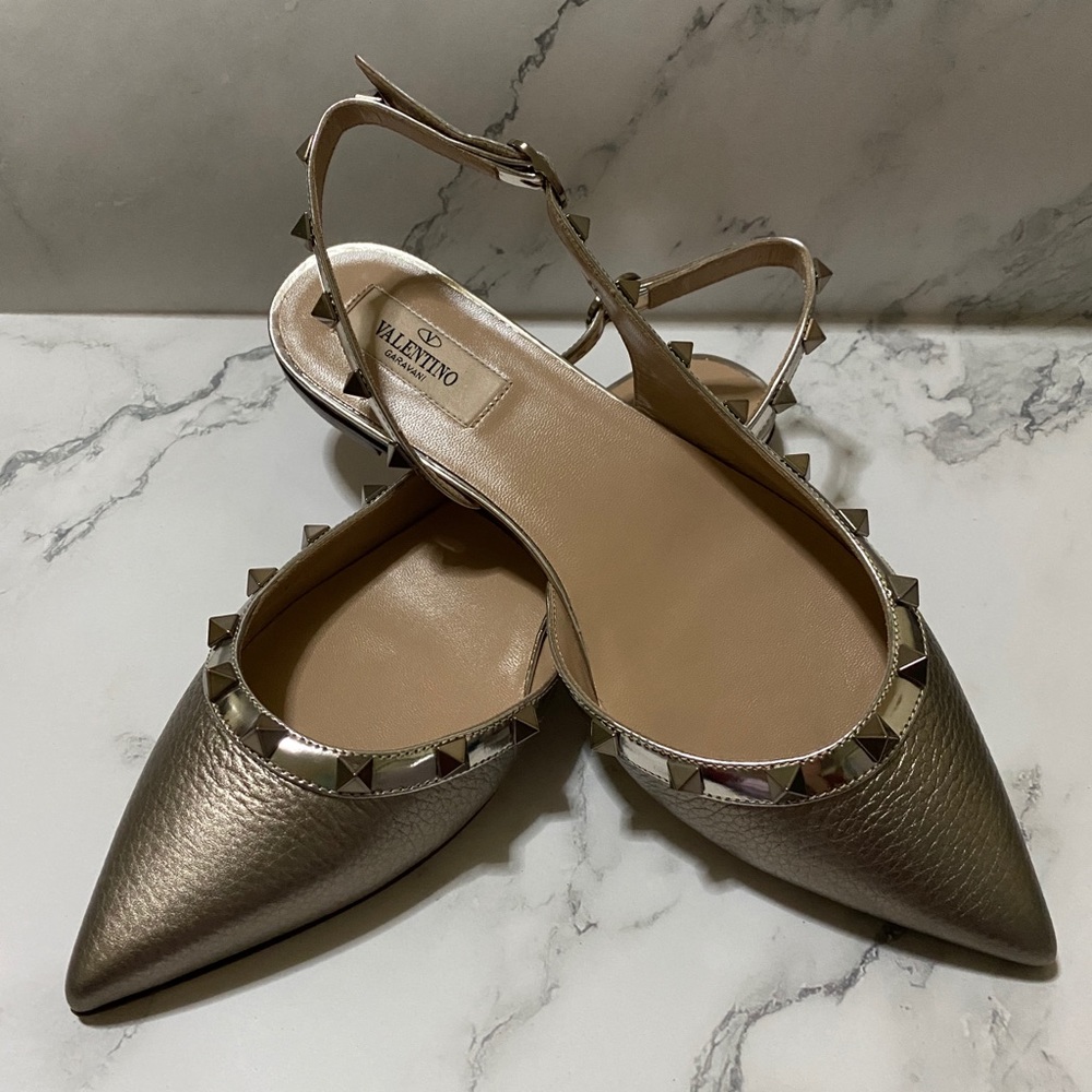 Valentino Garavani Rockstud Metallic Leather Slingback Ballet Flats Size 37.5